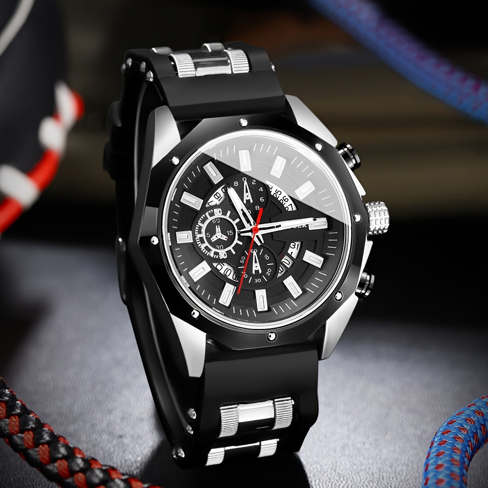 Men's Casual Round Quartz Watch Set with Silicone Strap, Ideal Gift