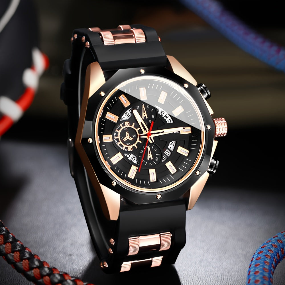 Men's Casual Round Quartz Watch Set with Silicone Strap, Ideal Gift