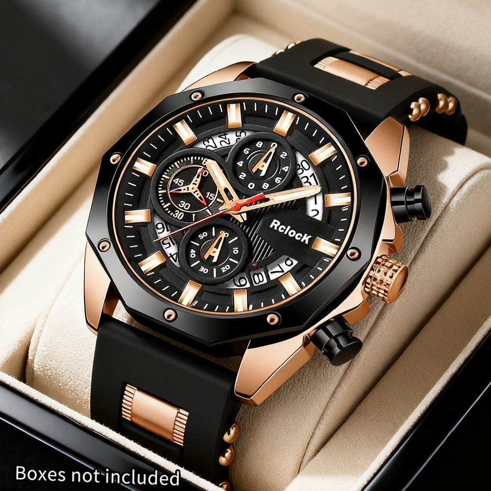 Men's Casual Round Quartz Watch Set with Silicone Strap, Ideal Gift