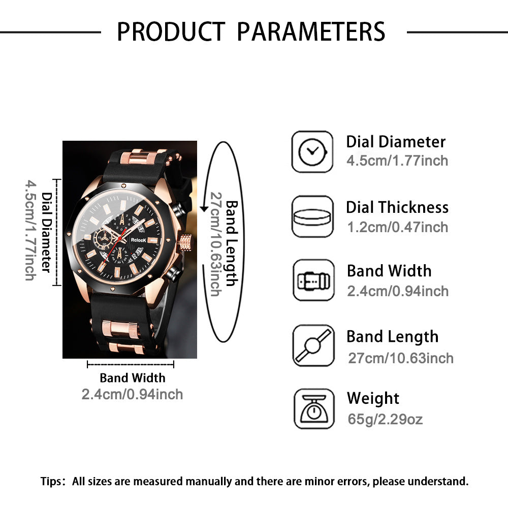 Men's Casual Round Quartz Watch Set with Silicone Strap, Ideal Gift