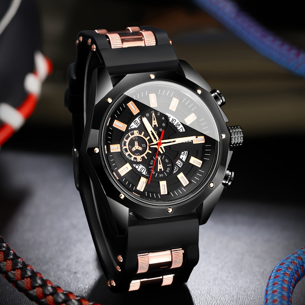 Men's Casual Round Quartz Watch Set with Silicone Strap, Ideal Gift