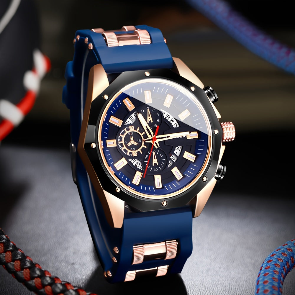 Men's Casual Round Quartz Watch Set with Silicone Strap, Ideal Gift